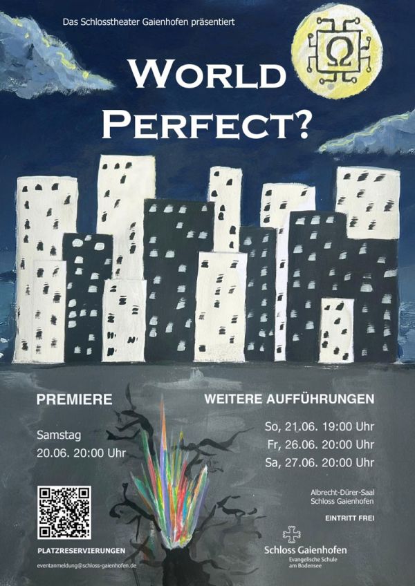 „Plakat zur Sommeraufführung 2026 des Schlosstheaters ‚World Perfect‘ mit Titelmotiv und Link zur Platzreservierung.“